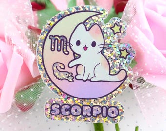Zodiac Scorpio Cat Holographic Glittery Vinyl Sticker, Zodiac Stickers, Laptop Stickers, Helmet Stickers, Kawaii Stickers, Cat Sticker