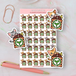 May include: A sheet of planner stickers featuring cute cartoon cats composting. The stickers feature a gray cat and an orange cat with brown spots, both wearing a green recycling symbol on their compost bin. The text "COMPOSTING PLANNER STICKER SHEET" is at the top of the sheet. The text "© KITTIE TREATS SHOP" is at the bottom of the sheet.