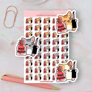May include: A sheet of planner stickers featuring cute cartoon cats holding nail polish bottles. The stickers are white with a pink and red color scheme. The text "Nail Polish" appears on each bottle. The text "MANICURE PLANNER STICKER SHEET" appears at the top of the sheet. The text "KITTIE TREATS SHOP" appears at the bottom of the sheet.