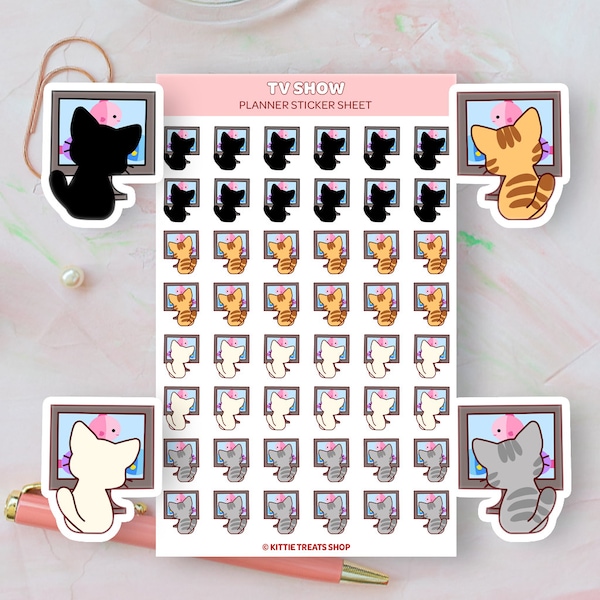 Kawaii Cat TV Show Planner Stickers, TV Show Reminders, Cute Planner Stickers, TV Show Reminder Icons for Planner