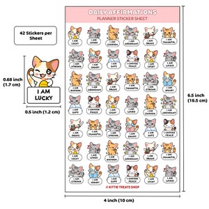 May include: A sheet of 42 planner stickers featuring cute cartoon cats with positive affirmations. The stickers are 0.5 inches (1.2 cm) in diameter and feature phrases like "I am lucky", "I am strong", and "I am loved".