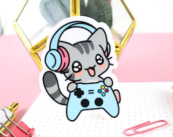 Gamer Kitty Vinyl Sticker, Water Bottle Sticker, Car Decal, Laptop Sticker, Helmet Sticker, Kawaii Stickers, Cat Sticker, Gamer Cat Sticker