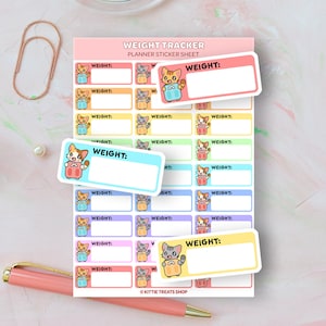 May include: A sheet of colorful planner stickers featuring a cartoon cat holding a weight. The stickers are designed for weight tracking and have blank spaces for writing in weight measurements. The text "WEIGHT TRACKER PLANNER STICKER SHEET" is printed at the top of the sheet. The text "KITTIE TREATS SHOP" is printed at the bottom of the sheet.