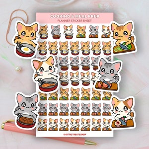 May include: A sticker sheet with illustrations of cats cooking and preparing meals. The sheet includes a variety of cats with different colored fur, cooking different foods, such as eggs, fish, steak, and vegetables. The text "COOKING & MEAL PREP PLANNER STICKER SHEET" is at the top of the sheet. The text "KITTIE TREATS SHOP" is at the bottom of the sheet.