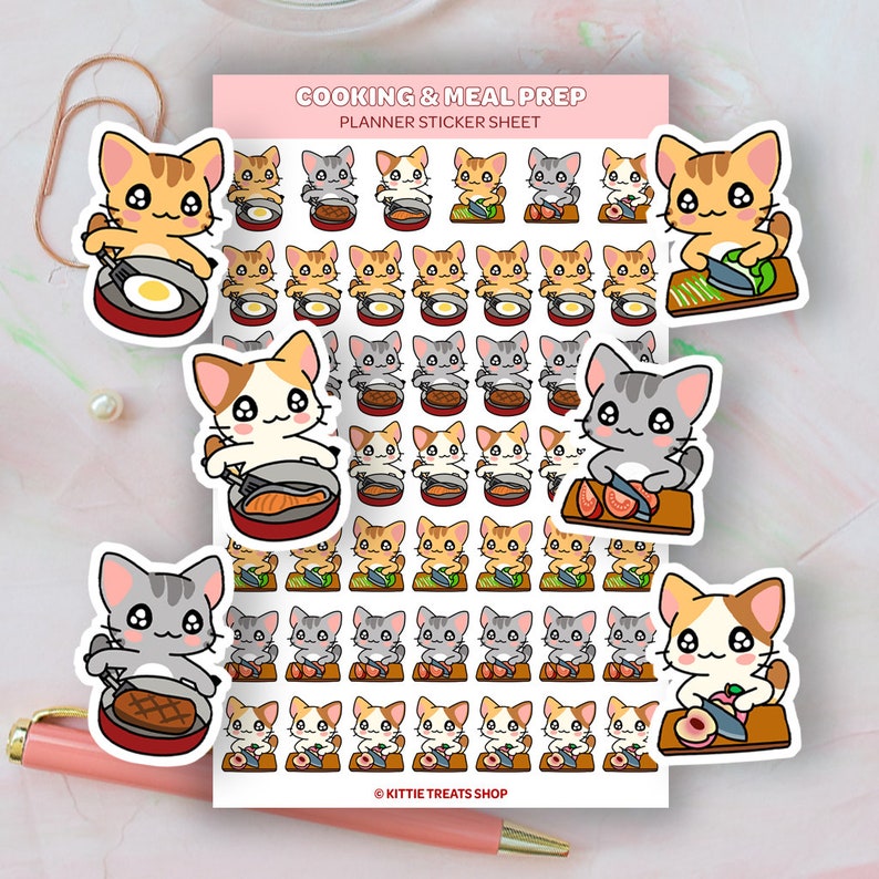 May include: A sticker sheet with illustrations of cats cooking and preparing meals. The sheet includes a variety of cats with different colored fur, cooking different foods, such as eggs, fish, steak, and vegetables. The text "COOKING & MEAL PREP PLANNER STICKER SHEET" is at the top of the sheet. The text "KITTIE TREATS SHOP" is at the bottom of the sheet.