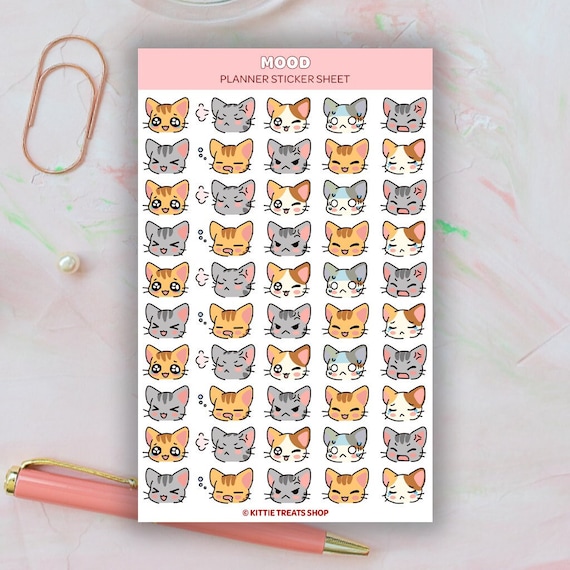 Kawaii Cat Mood Planner Sticker, Emotion Tracker, Emoji Planner Sticker, Mood Tracker, Mood Icons for Planner, Kawaii Emoji Stickers