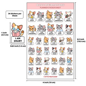 May include: A sheet of 34 planner stickers featuring cute cartoon cats with positive affirmations. The stickers are 0.62 inches (1.5 cm) in diameter and the sheet is 4 inches (10 cm) wide and 6.5 inches (16.5 cm) tall.