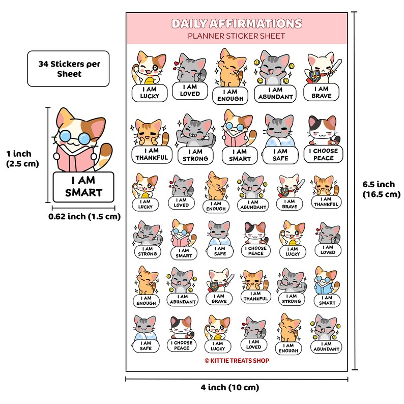 May include: A sheet of 34 planner stickers featuring cute cartoon cats with positive affirmations. The stickers are 0.62 inches (1.5 cm) in diameter and the sheet is 4 inches (10 cm) wide and 6.5 inches (16.5 cm) tall.
