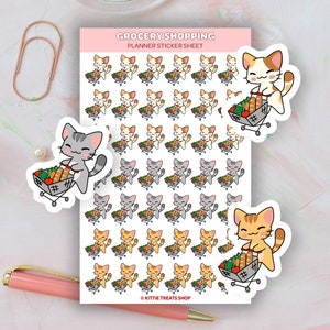 Kawaii Cat Grocery Shopping Planner Sticker, Grocery Shopping Reminders, Cute Planner Stickers, Grocery Shopping Reminder Icons for Planner