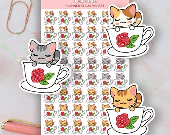 Könnte beinhalten: Eine Planer-Sticker-Tabelle mit niedlichen Comic-Katzen in Teetassen. Die Katzen sind in verschiedenen Farben, darunter grau, orange und braun. Jede Katze hält eine rote Rose in ihrer Pfote. Die Sticker sind perfekt, um Ihrem Planer einen Hauch von Verspieltheit zu verleihen.