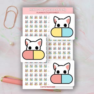 May include: Planner sticker sheet with the text "MINI ICONS (MEDICATION)" and "PLANNER STICKER SHEET". The stickers feature a white cat head over a two-toned pill. The pill is divided into pink and yellow or blue and yellow. The sheet also has small pill icons.
