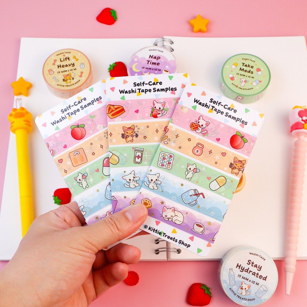 Kawaii Self Care Washi Tape Sample Card, Cute Washi Tape, Bullet ...