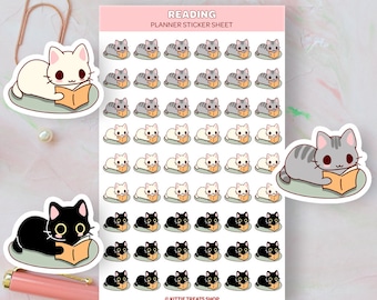 Kawaii Cat Reading Planner Stickers, Reading Reminders, Cute Planner Stickers, Reading Reminder Icons for Planner, Book Lover Stickers