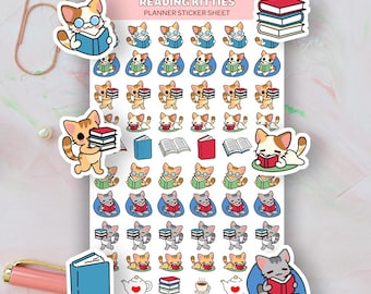 Reading Kitty Planner Stickers, Reading Reminders, Book Planner Stickers, Reading Reminder Icons for Planner, Books and Cats Stickers