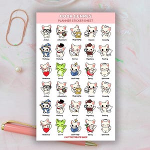 May include: A sheet of planner stickers featuring cute cartoon cats representing different book genres. The genres include Action, Adventure, Biography, Classic, Comedy, Fantasy, History, Horror, Mystery, Poetry, Romance, Sci-fi, Self-help, Spicy, and Spiritual.