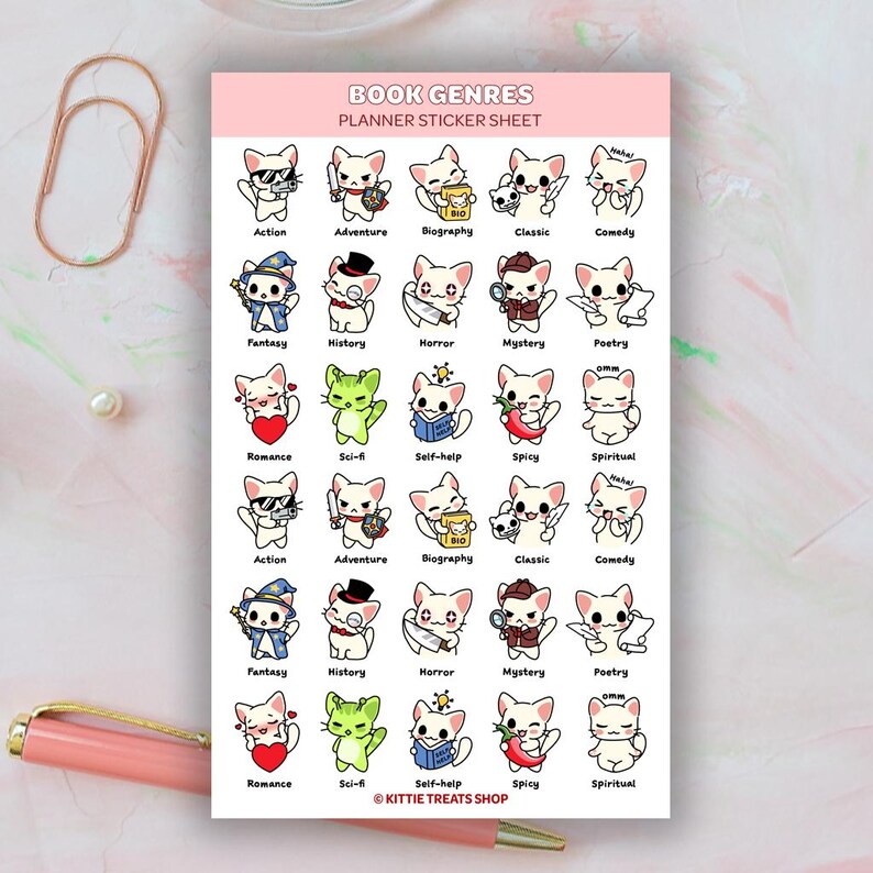 May include: A sheet of planner stickers featuring cute cartoon cats representing different book genres. The genres include Action, Adventure, Biography, Classic, Comedy, Fantasy, History, Horror, Mystery, Poetry, Romance, Sci-fi, Self-help, Spicy, and Spiritual.