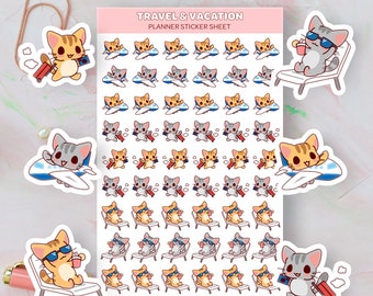 May include: A sticker sheet with a travel and vacation theme featuring cute cartoon cats. The sheet includes stickers of cats on airplanes, cats relaxing on beach chairs, and cats with suitcases. The text "TRAVEL & VACATION PLANNER STICKER SHEET" is at the top of the sheet.