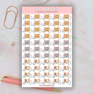 May include: A sheet of planner stickers featuring a variety of cute cartoon cats holding sanitary pads. The stickers are designed for use as a period tracker. The text "PERIOD TRACKER PLANNER STICKER SHEET" is printed at the top of the sheet. The text "&copy; KITTIE TREATS SHOP" is printed at the bottom of the sheet.