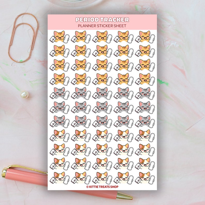 May include: A sheet of planner stickers featuring a variety of cute cartoon cats holding sanitary pads. The stickers are designed for use as a period tracker. The text "PERIOD TRACKER PLANNER STICKER SHEET" is printed at the top of the sheet. The text "&copy; KITTIE TREATS SHOP" is printed at the bottom of the sheet.