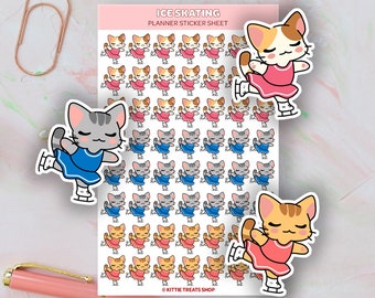 Kawaii kattenstickers voor je planner die aan het schaatsen zijn, schaatsherinneringen, leuke plannerstickers, schaatsherinneringpictogrammen voor je planner, schaatsen