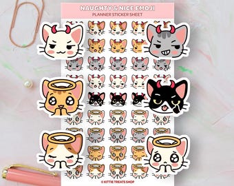 Kawaii Cat Naughty and Nice Emoji Planner Sticker, Emoji Planner Sticker, Mood Tracker, Mood Icons for Planner, Kawaii Emoji Stickers