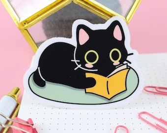 Reading Kitty Glossy Vinyl Sticker, Water Bottle Sticker, Car Decal, Laptop Stickers, Helmet Sticker, Kawaii Stickers, Cat Sticker, Bookie