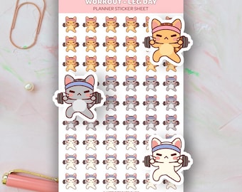 Kawaii Cat Workout Leg Day Planner Stickers, Leg Day Reminders, Cute Planner Stickers, Exercise Reminder Icons for Planner, Workout Reminder
