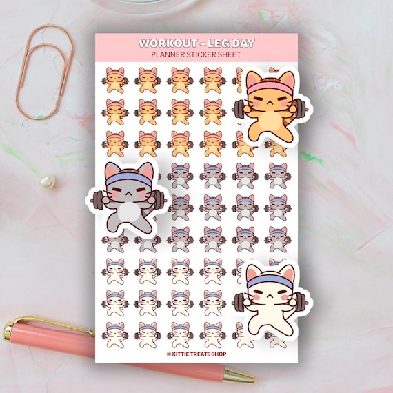 Kawaii Cat Workout Leg Day Planner Stickers, Leg Day Reminders, Cute Planner Stickers, Exercise Reminder Icons for Planner, Workout Reminder