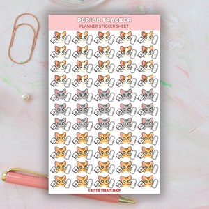 May include: A sheet of planner stickers featuring a variety of cute cat illustrations holding sanitary pads. The stickers are designed for use in a planner or journal to track periods.