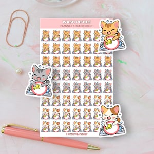 Kawaii Cat Wash Dishes Planner Stickers, Wash Dishes Reminders, Chore Planner Stickers, Wash Dishes Reminder Icons for Planner, Dishwashing