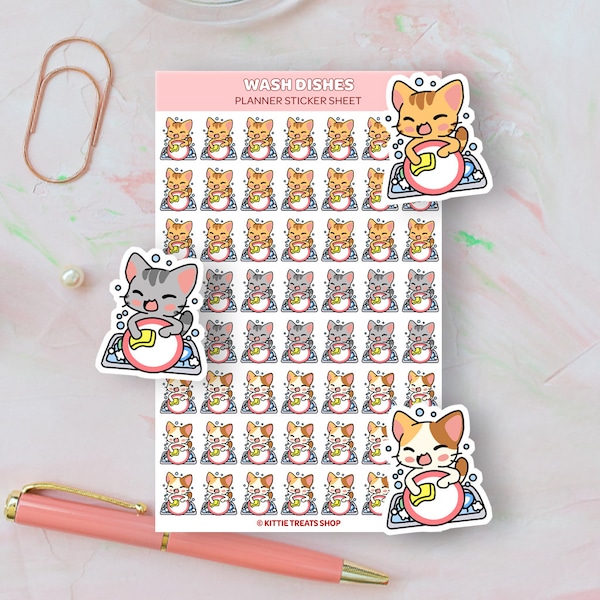 Kawaii Cat Wash Dishes Planner Stickers, Wash Dishes Reminders, Chore Planner Stickers, Wash Dishes Reminder Icons for Planner, Dishwashing