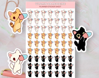 Kawaii Cat Vitamin or Medicine Planner Stickers, Vitamin Reminders, Cute Planner Stickers, Medicine Reminder Icons for Planner, Vitamins