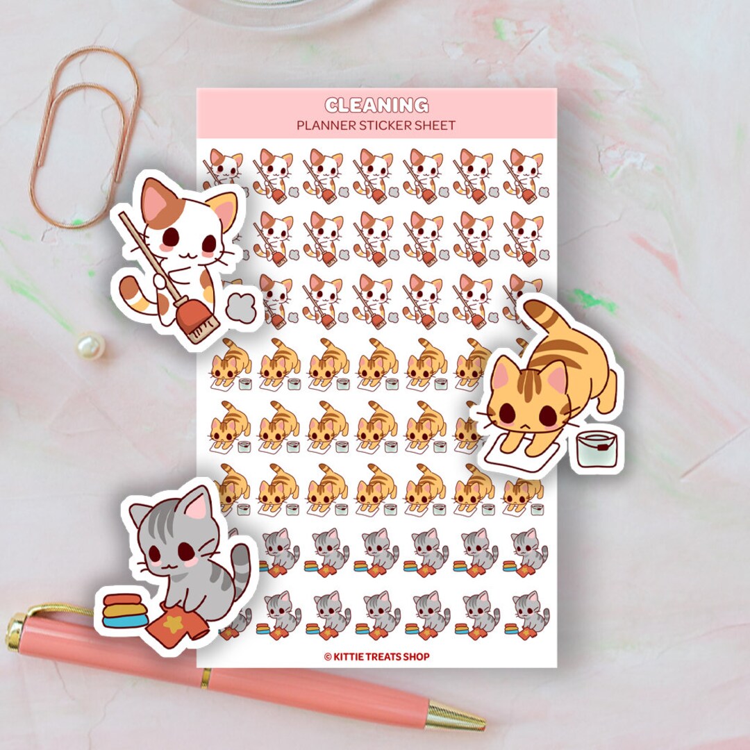 Kawaii Cat Cleaning Planner Stickers, Cleaning Reminders, Cute Planner ...
