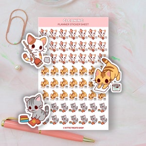 May include: A sheet of planner stickers featuring adorable cartoon cats cleaning. The stickers include cats sweeping, mopping, and painting. The sheet is titled "Cleaning Planner Sticker Sheet" and includes the copyright text "© Kittie Treats Shop".