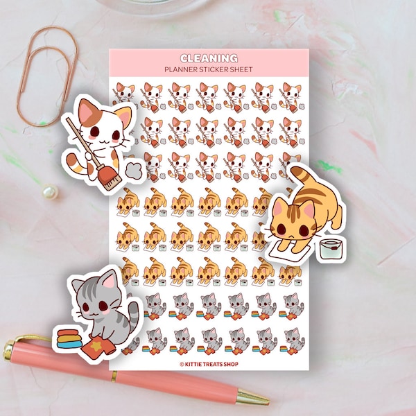 Kawaii Cat Cleaning Planner Stickers, Cleaning Reminders, Cute Planner Stickers, Chore Reminder Icons for Planner, Chore Reminders, Organize