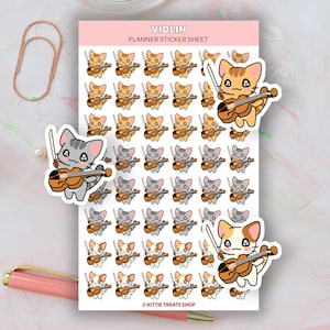 Kawaii Cat Violin Planner Sticker, Violin Lesson Reminders, Cute Planner Stickers, Violin Reminder Icons for Planner, Violin Sticker