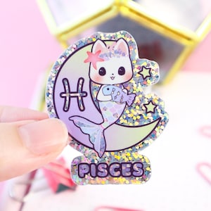 Zodiac Pisces Cat Holographic Glittery Vinyl Sticker, Zodiac Stickers, Laptop Stickers, Helmet Stickers, Kawaii Stickers, Cat Sticker