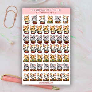 May include: A sheet of planner stickers featuring adorable cartoon cats cooking and preparing meals. The stickers feature cats in various poses, including holding knives, stirring pots, and frying eggs. The stickers are perfect for adding a touch of whimsy to your planner.