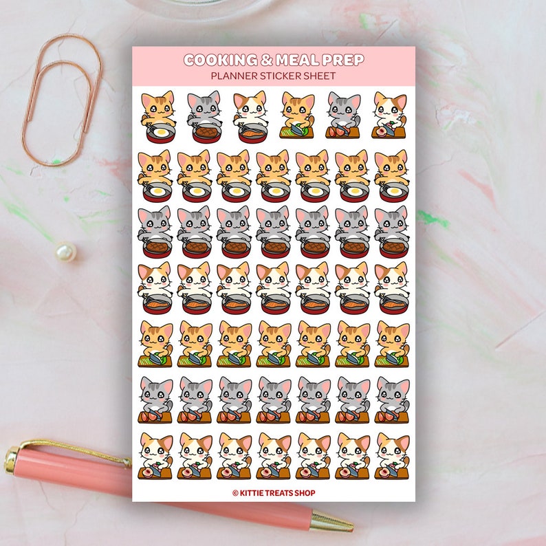 May include: A sheet of planner stickers featuring adorable cartoon cats cooking and preparing meals. The stickers feature cats in various poses, including holding knives, stirring pots, and frying eggs. The stickers are perfect for adding a touch of whimsy to your planner.