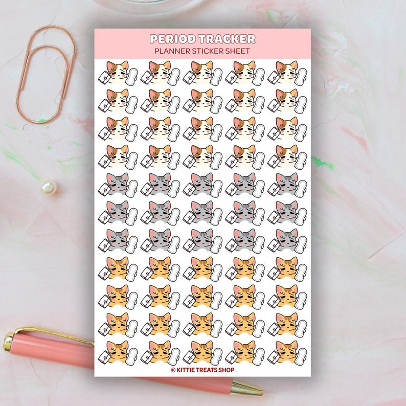 May include: A sheet of planner stickers featuring a cartoon cat holding a sanitary pad. The stickers are in various colors, including orange, white, and gray. The text "PERIOD TRACKER PLANNER STICKER SHEET" is at the top of the sheet. The text "&copy; KITTIE TREATS SHOP" is at the bottom of the sheet.