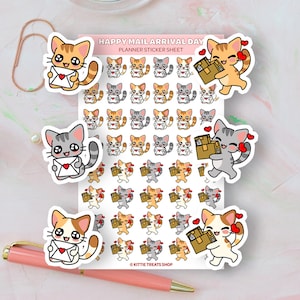May include: A sheet of planner stickers featuring adorable cartoon cats with mail and packages. The stickers are in various colors, including orange, gray, and white. The text "Happy Mail Arrival Day Planner Sticker Sheet" is at the top of the sheet.