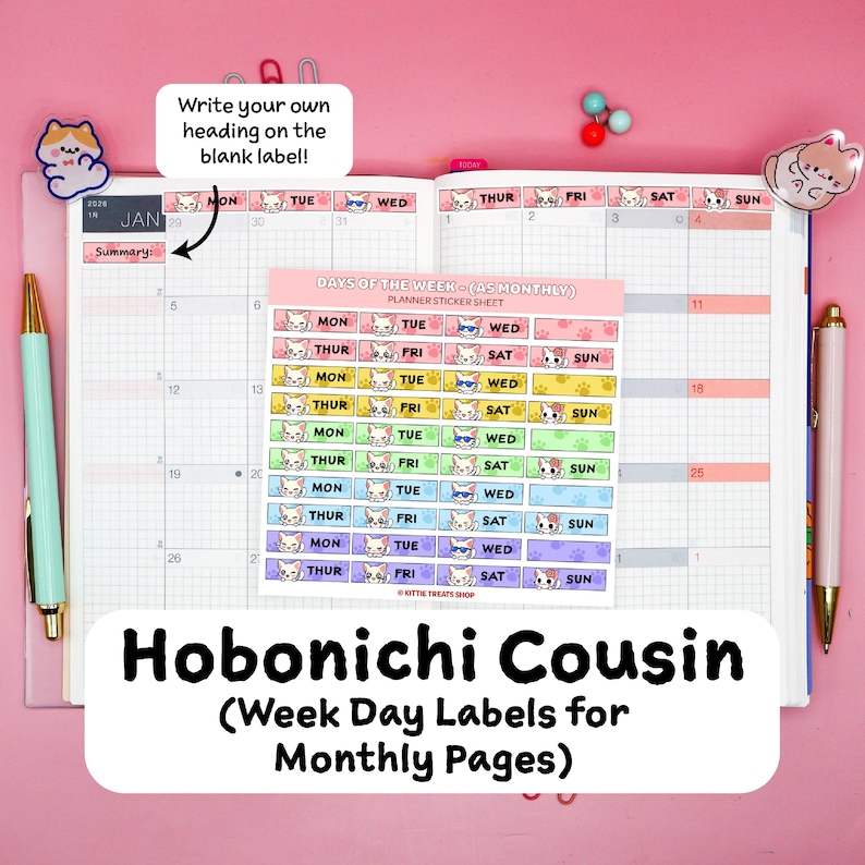 Day of the Week Labels, Cousin, Monthly Spread, A5 Size, Weekday Labels ...
