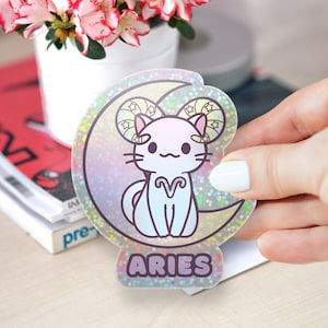 Zodiac Aries Cat Holographic Glittery Vinyl Sticker, Zodiac Stickers, Laptop Stickers, Helmet Stickers, Kawaii Stickers, Cat Sticker