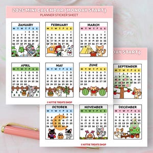 2026 Mini Monthly Calendar Planner Stickers, 2026 Calendar Stickers, Set of 12 Months Monday Start