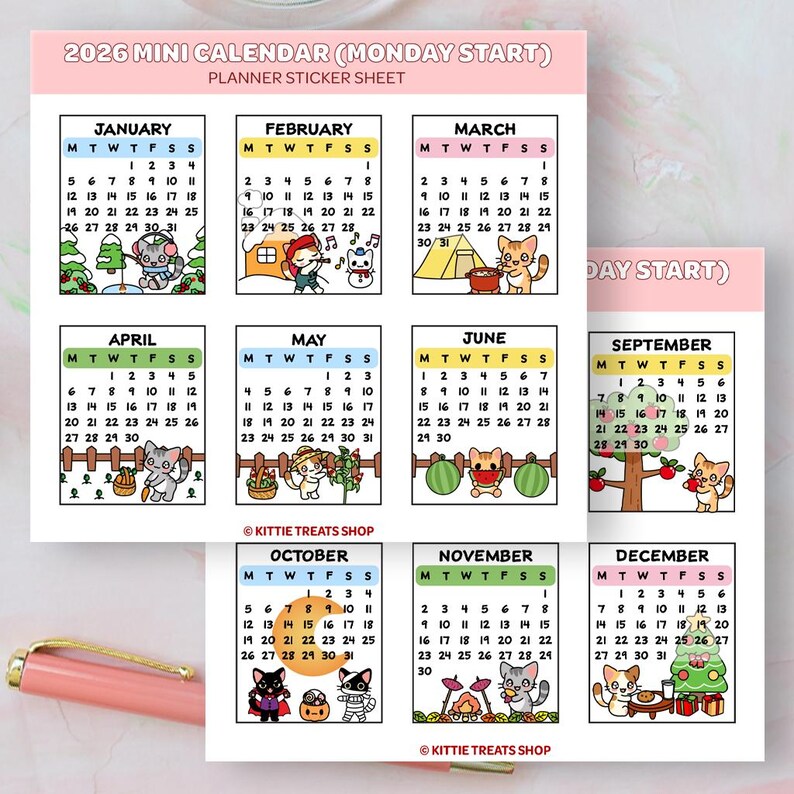 2026 Mini Monthly Calendar Planner Stickers, 2026 Calendar Stickers, Set of 12 Months Monday Start