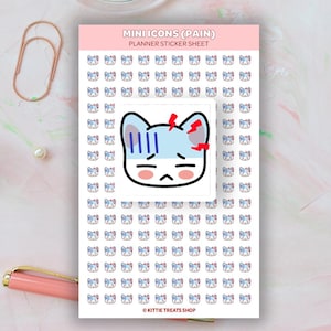 May include: A rectangular planner sticker sheet titled MINI ICONS (PAIN) featuring rows of small cat face icons with blue shading, red lightning bolts, and pink cheeks. A larger version of the same cat icon is centered on the sheet.