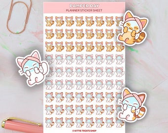Könnte beinhalten: Eine Planer-Sticker-Tabelle mit niedlichen Comic-Katzen, die Gesichtsmasken und Stirnbänder tragen. Die Sticker sind in verschiedenen Farben, darunter Rosa, Blau und Braun. Der Text "PAMPER DAY PLANNER STICKER SHEET" befindet sich oben auf der Tabelle. Der Text "© KITTIE TREATS SHOP" befindet sich unten auf der Tabelle.
