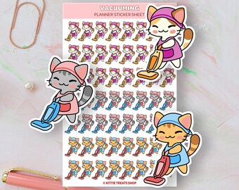 Kawaii Cat Vacuuming Planner Stickers, Vacuum Reminders, Vacuum Planner Stickers, Vacuum Reminder Icons for Planner, Chore Reminders