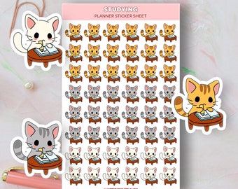 Kawaii Cat Studying Planner Stickers, Studying Reminders, Cute Planner Stickers, Studying Reminder Icons for Planner, Student Stickers