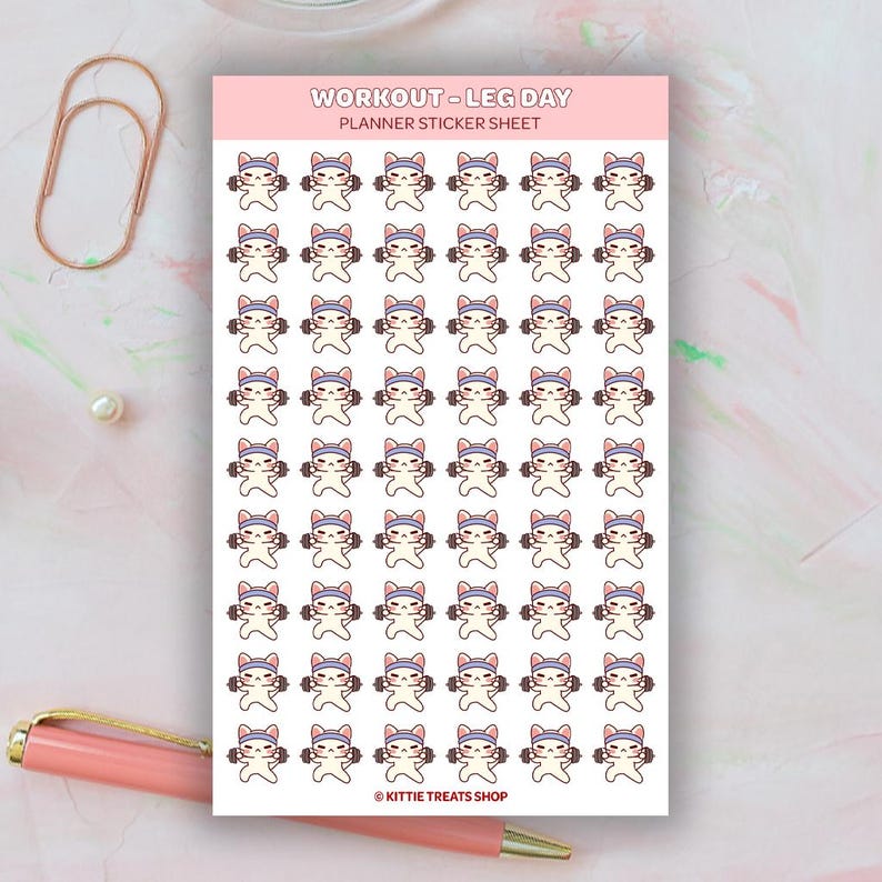 Kawaii Cat Workout Leg Day Planner Stickers, Leg Day Reminders, Cute Planner Stickers, Exercise Reminder Icons for Planner, Workout Reminder Calico